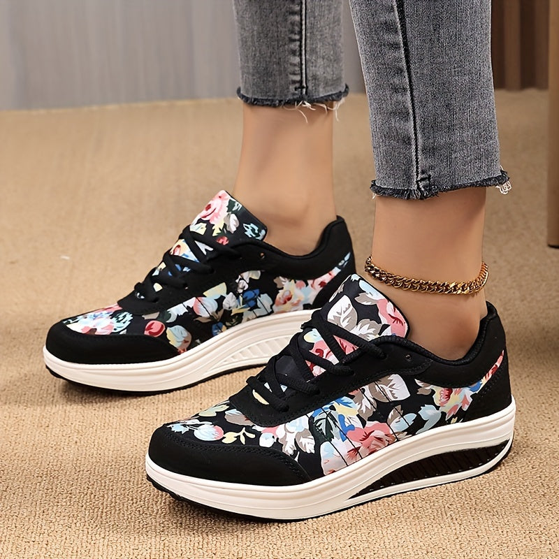 Women's Vintage Print Casual Sneakers, Lace Up Platform Soft Sole Walking Shoes, Round Toe Sporty Rocking Trainers