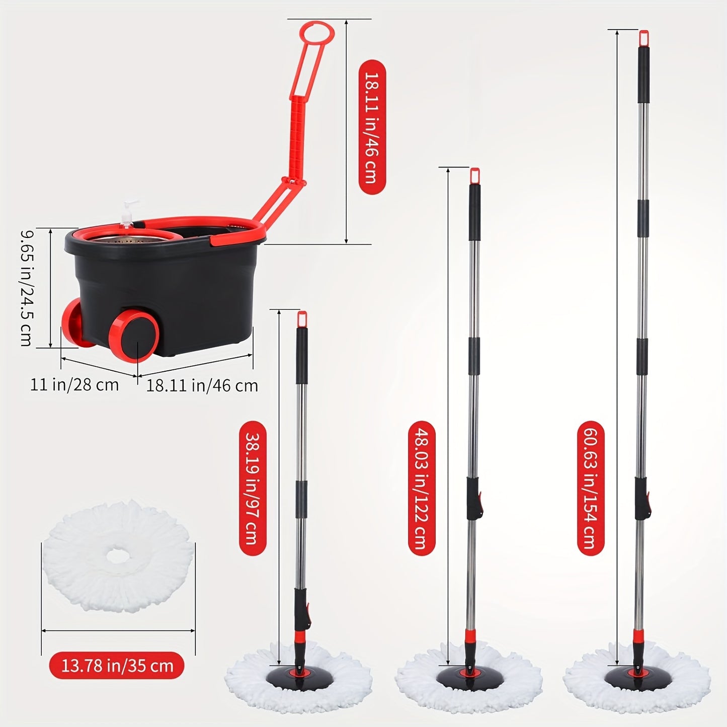 Spin Mop And Bucket With Wringer Set, Bathroom Mop Bucket, School Bathroom, 360° Spinning Mop Bucket System With 3 Microfiber Mop Replacement Heads And 61" Stainless Steel Adjustable Handle  Bucket Floor Cleaning System