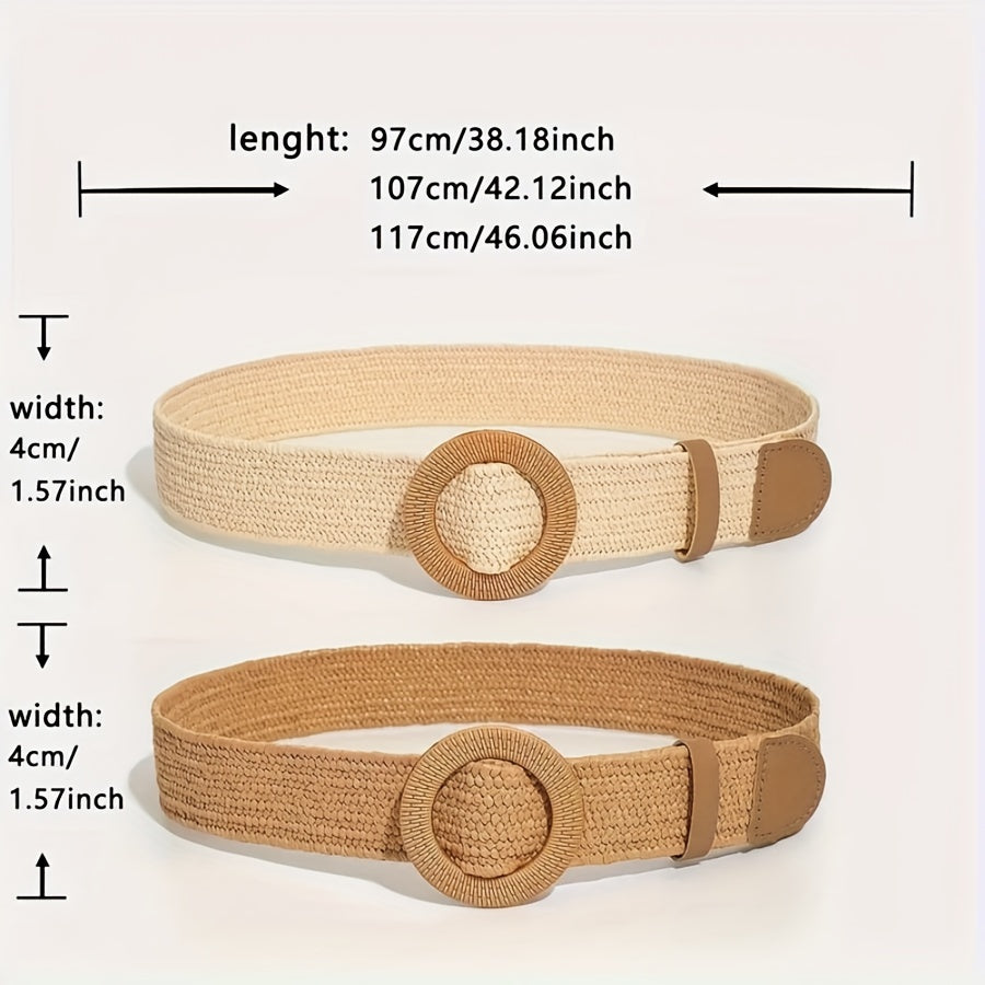 2pcs Boho Chic Brown Straw Wide Belts with Classic Round Buckle - Elegant Summer Beach Accessory for Women