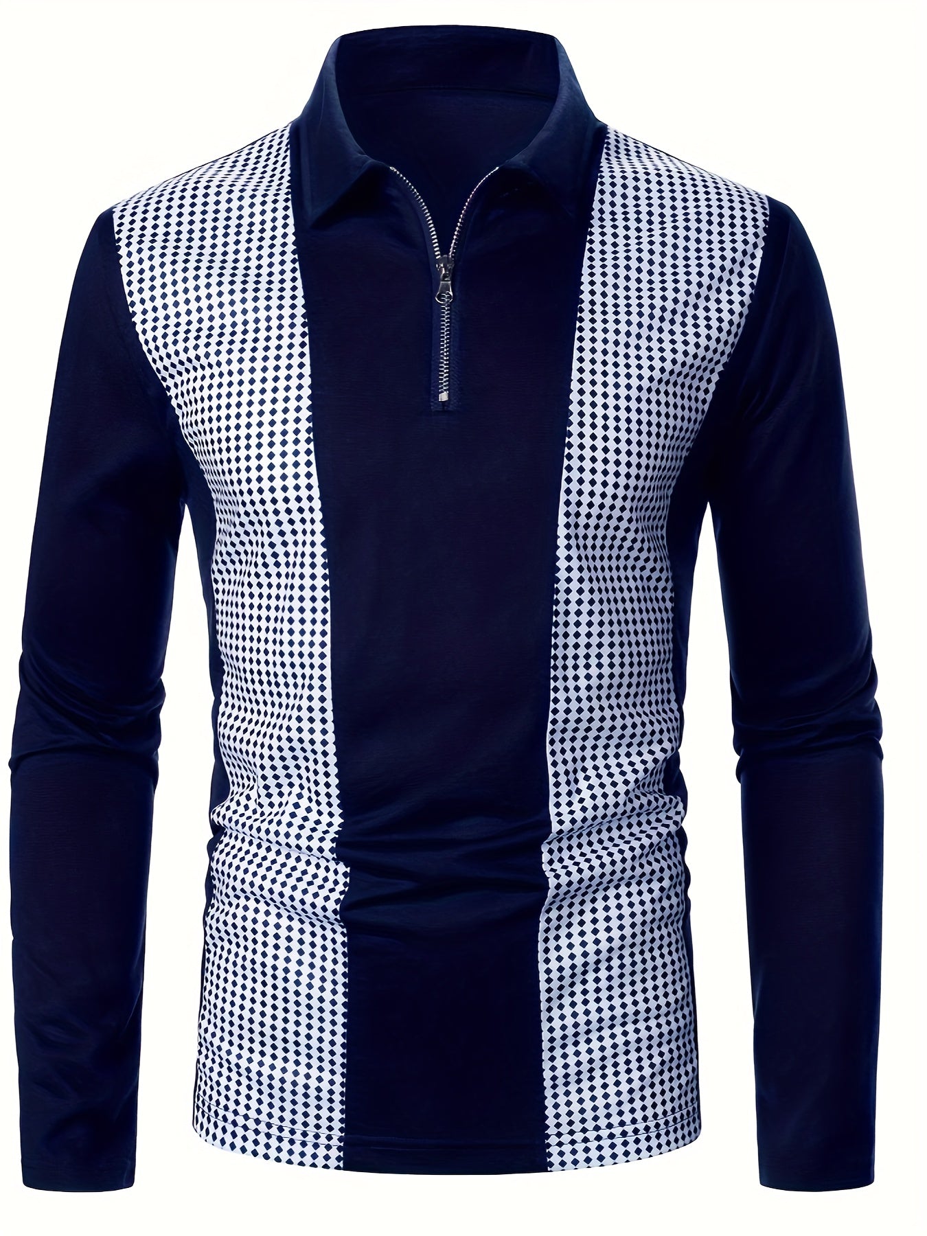 Polka Dot Print Men's Color Block Casual Long Sleeve Lapel Shirt, Spring Fall