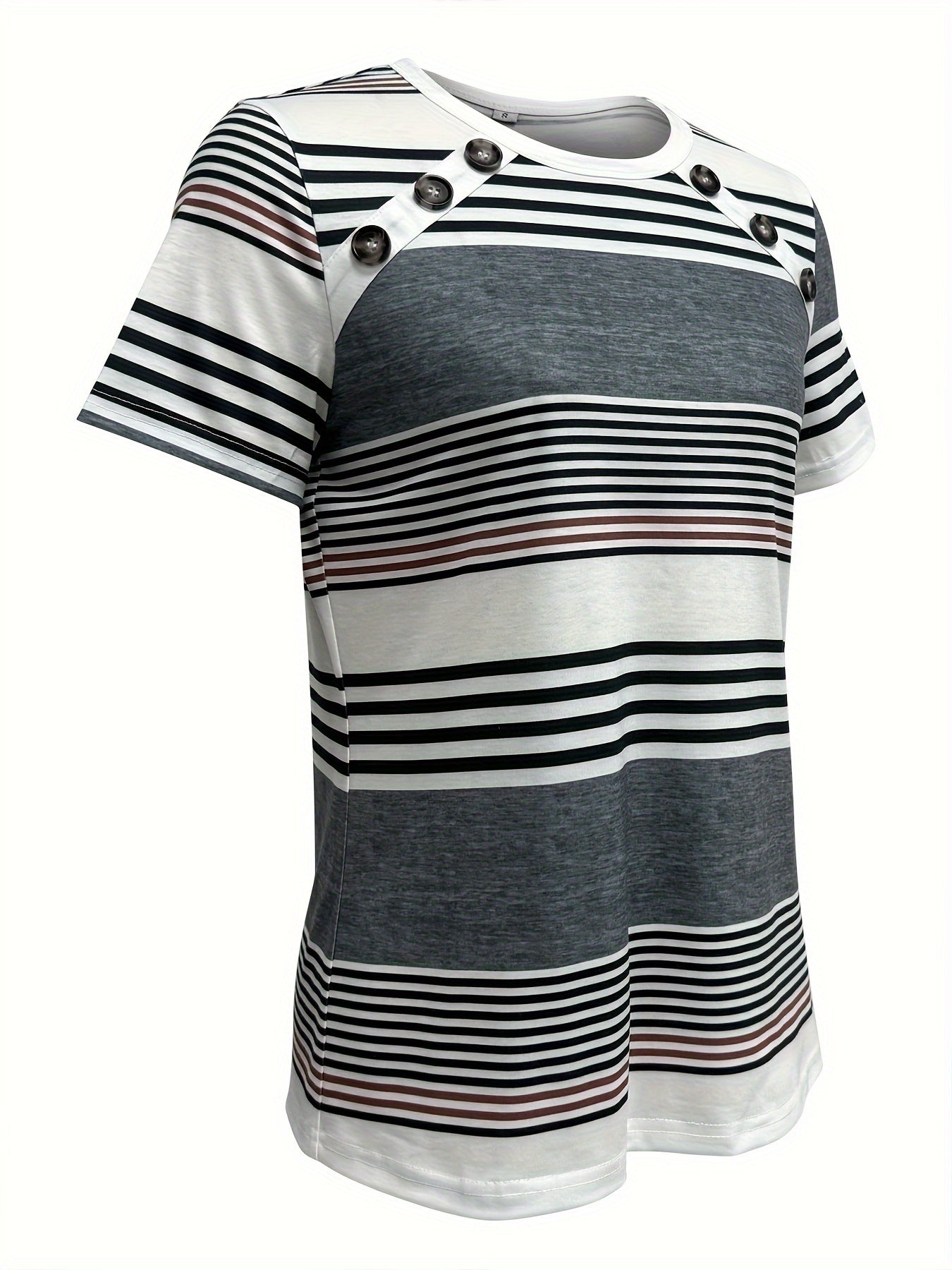 Striped Print Short Sleeve T-shirt, Casual Button Front Crew Neck Top For Spring & Summer, Women's Clothing