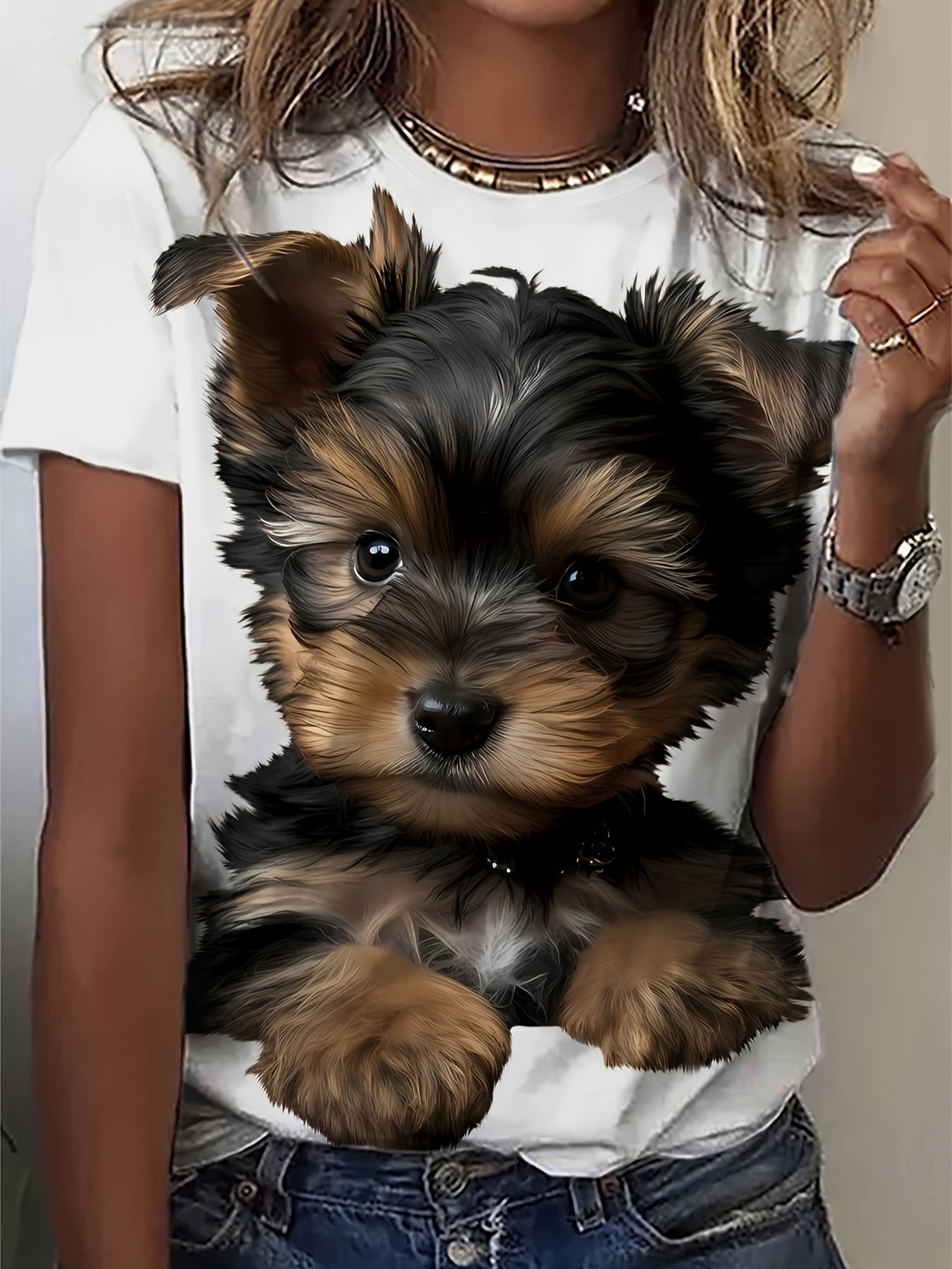 Cute Puppy Print T-Shirt, Casual Crew Neck Short Sleeve Top For Spring & Summer, Women's Clothing