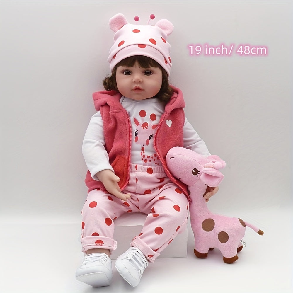 19 Inch/ 48 Cm Soft Vinyl Reborn Doll, Lovely Baby Girl With Hairwig In Pink Clothes And A Plush Giraffe Toy, Halloween/Thanksgiving Day/Christmas gift Carnival