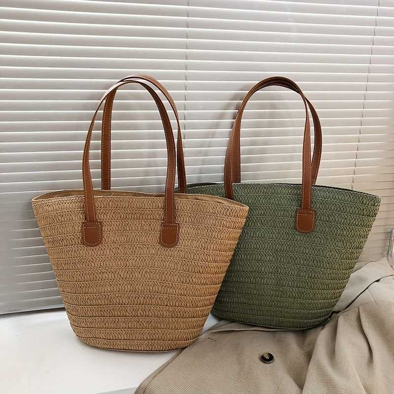 Woven Straw Tote Bag, Portable Double Handle Stylish Handbag, Zipper Braided Straw Slouchy French Style Beach Bag