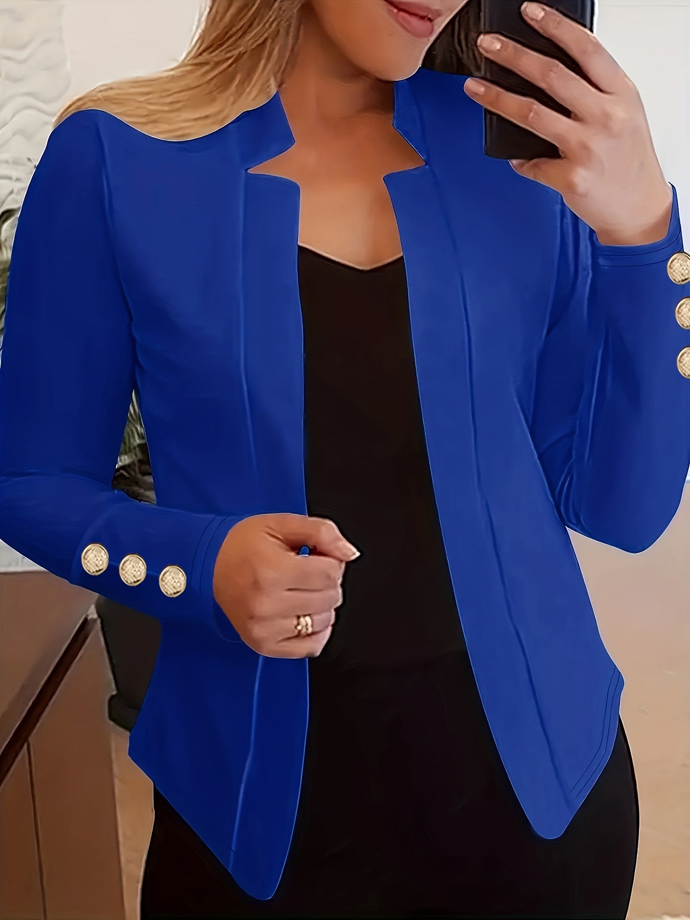 Solid Open Front Button Decor Blazer, Elegant Long Sleeve Blazer For Office & Work, Women's Clothing