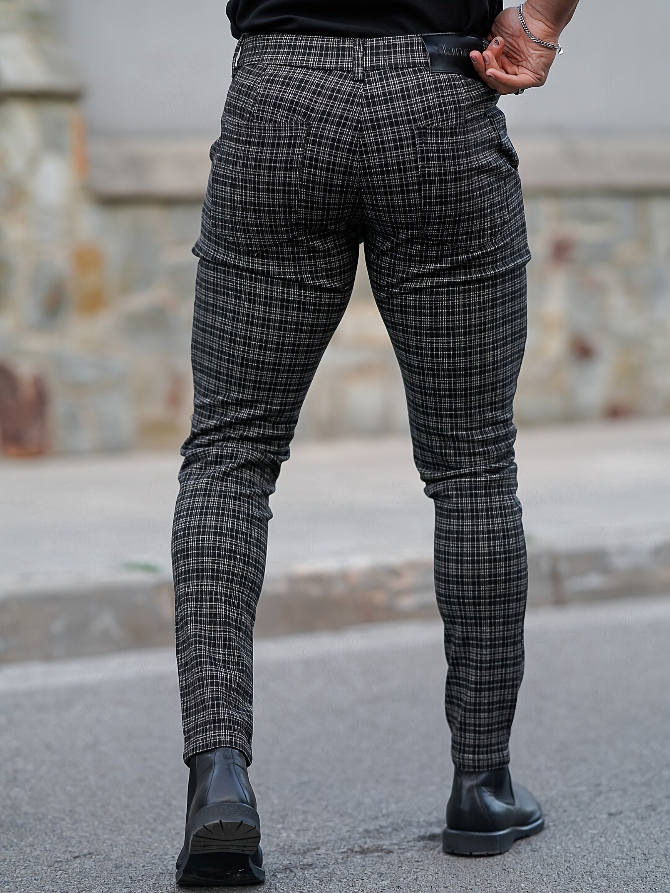 Elegant Men's Slim Fit Deep Grey Plaid Dress Pants For Business