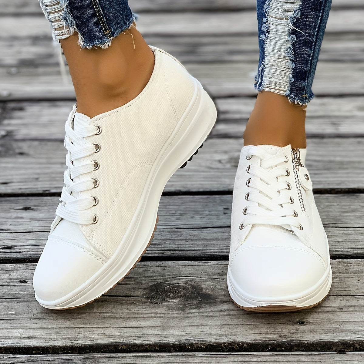 Women's Platform Canvas Sneakers, Trendy Zipper & Lace Up Low Top Sports Shoes, Casual Outdoor Walking Trainers