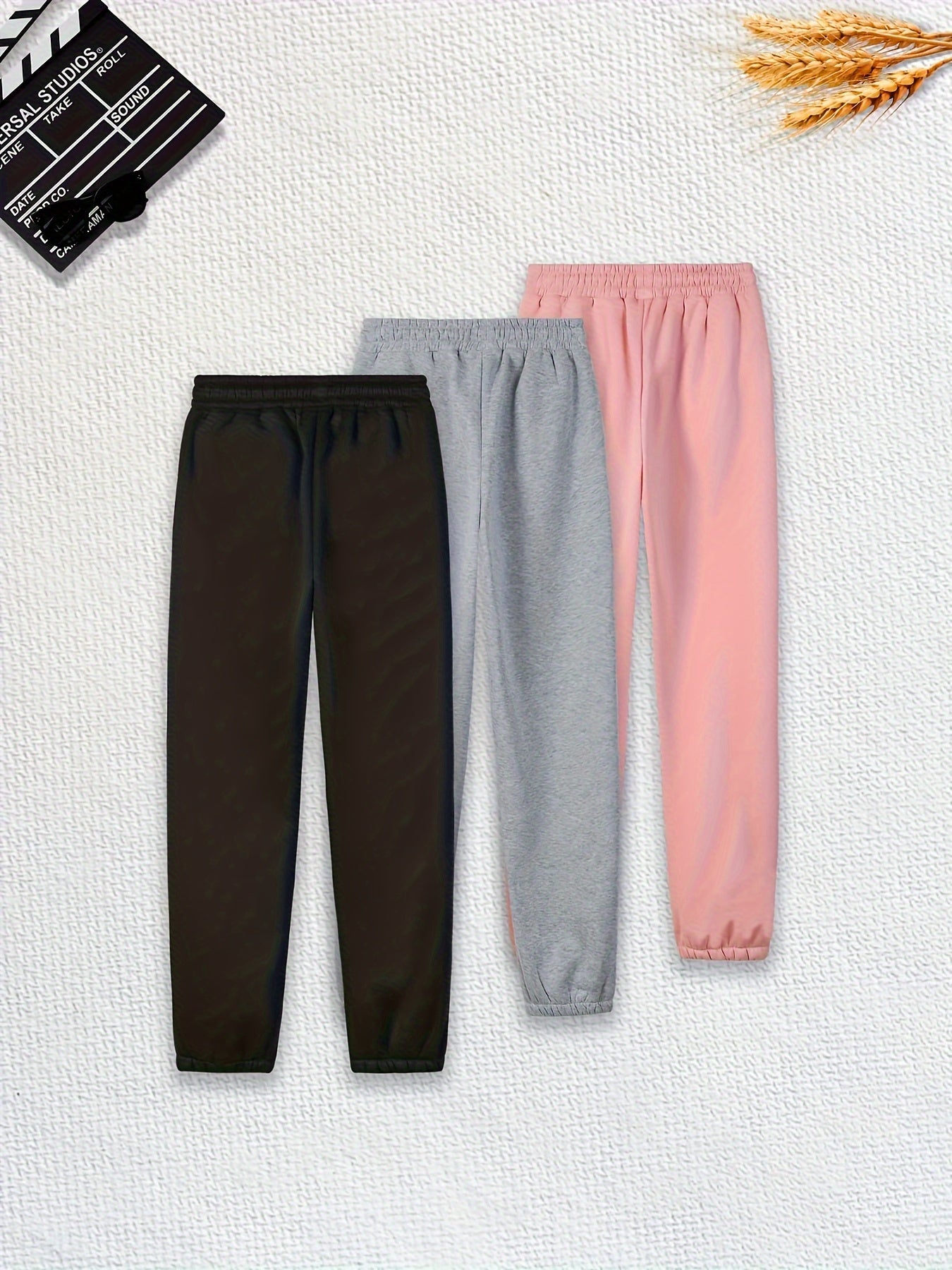 Three Pieces Of Solid Color Jogging Pants, Solid Color, Drawstring Waist, Casual Pants, Women's Trousers