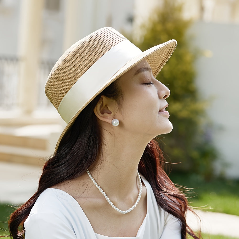 Summer Straw Hat for Women: French Style, Paper and Polyester Blend, Non-Elastic, Sun Protection, Sun Hat, Handwoven, Decorative Accessories Included