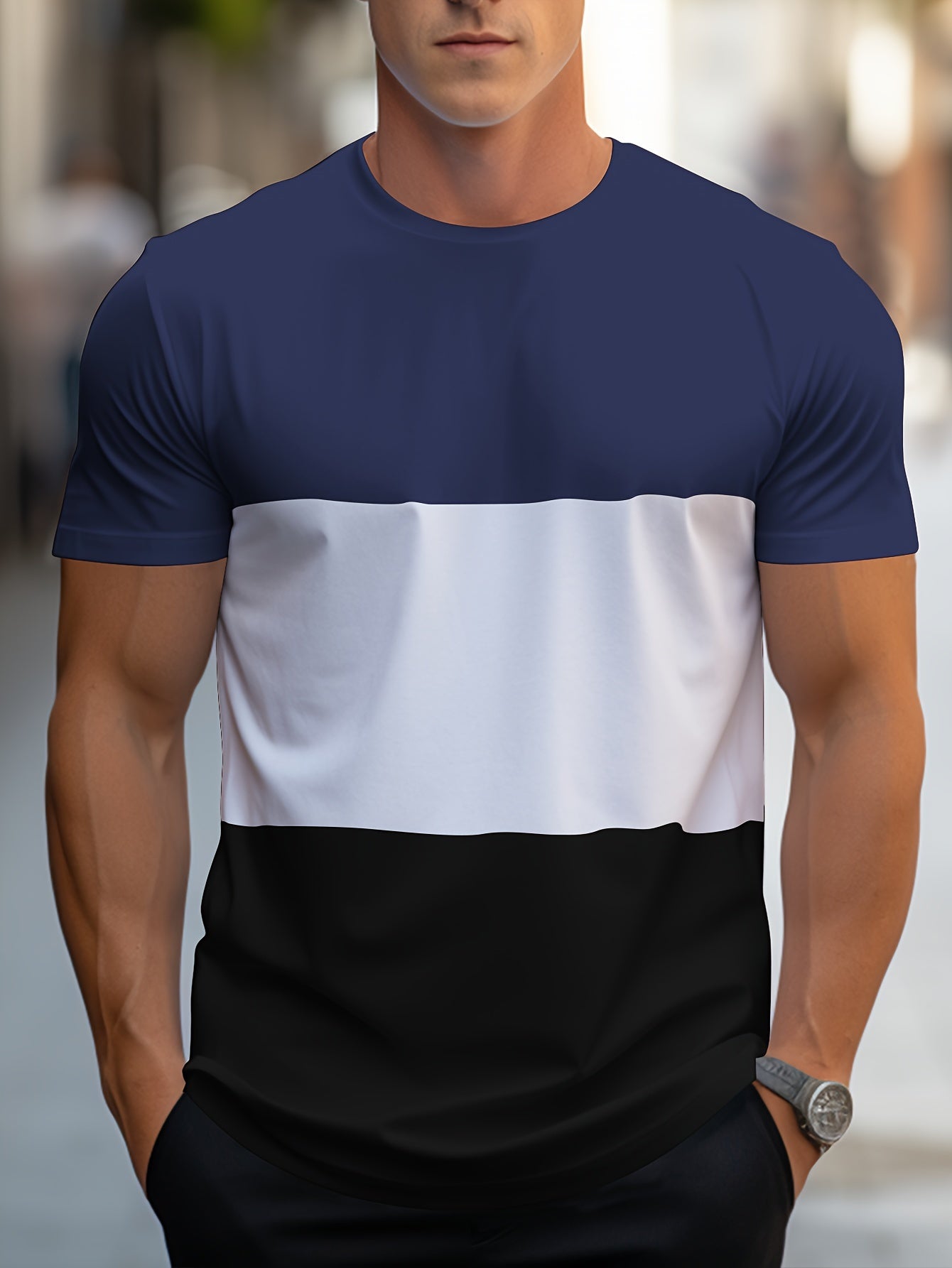 Men's Contrast Color Stripe Pattern Print T-shirt With Crew Neck And Short Sleeve, Casual And Comfy For Summer Leisurewear