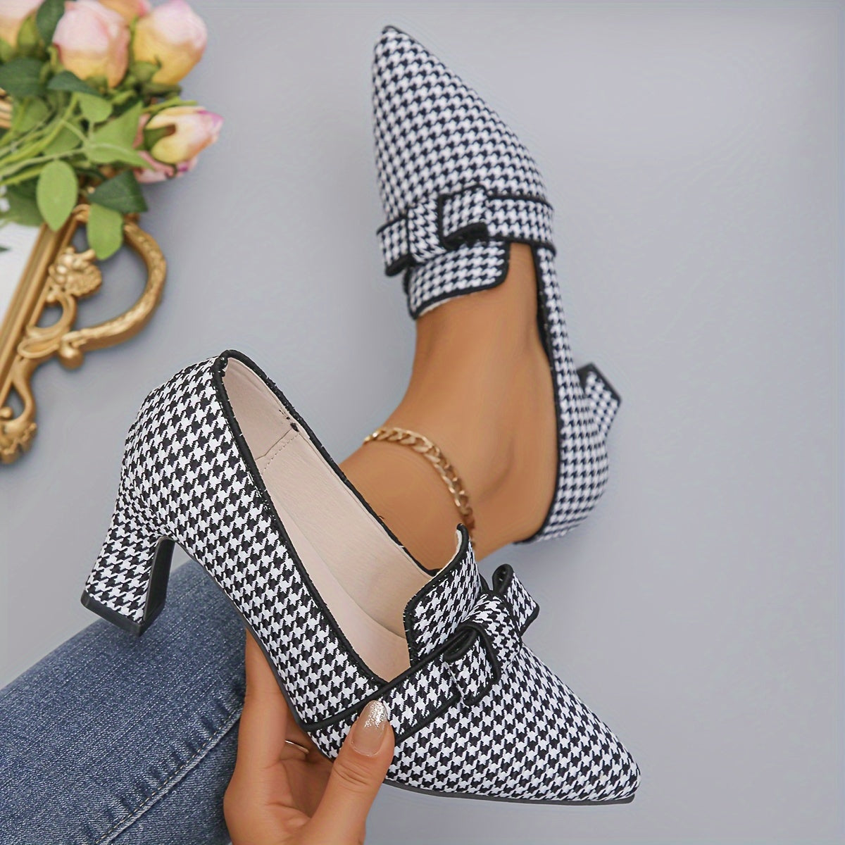 Women's Houndstooth Pattern Pumps, Bow Pointed Toe Block High Heels, All-Match Office Work Shoes