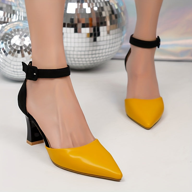 Women's Colorblock Elegant Shoes, Ankle Buckle Strap Chunky Heel Summer Shoes, Point Toe Versatile Shoes