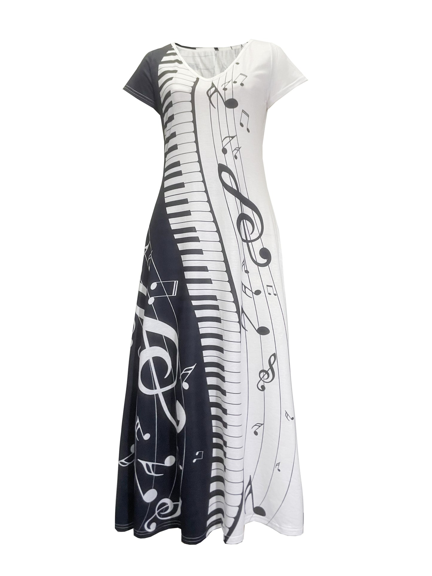 Music Note Print V Neck Dress, Casual Short Sleeve Maxi Dress For Spring & Summer, Women's Clothing