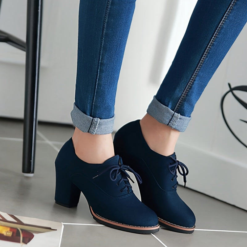 Women's Lace Up Pumps, Solid Color Round Toe Chunky Heels, Comfy All-Match Office Shoes