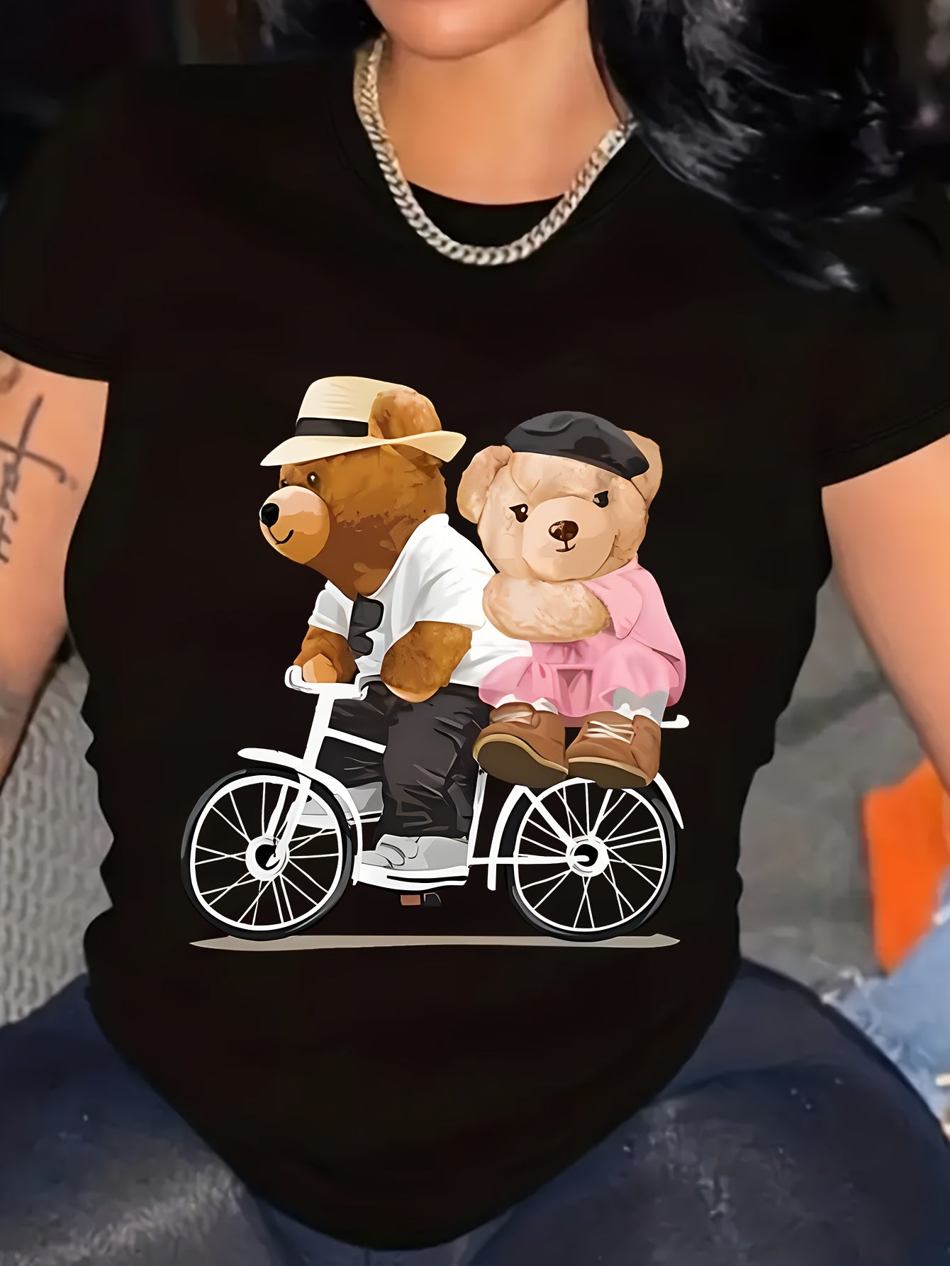 Teddy Bear Print T-shirt, Short Sleeve Crew Neck Casual Top For Summer & Spring, Women's Clothing