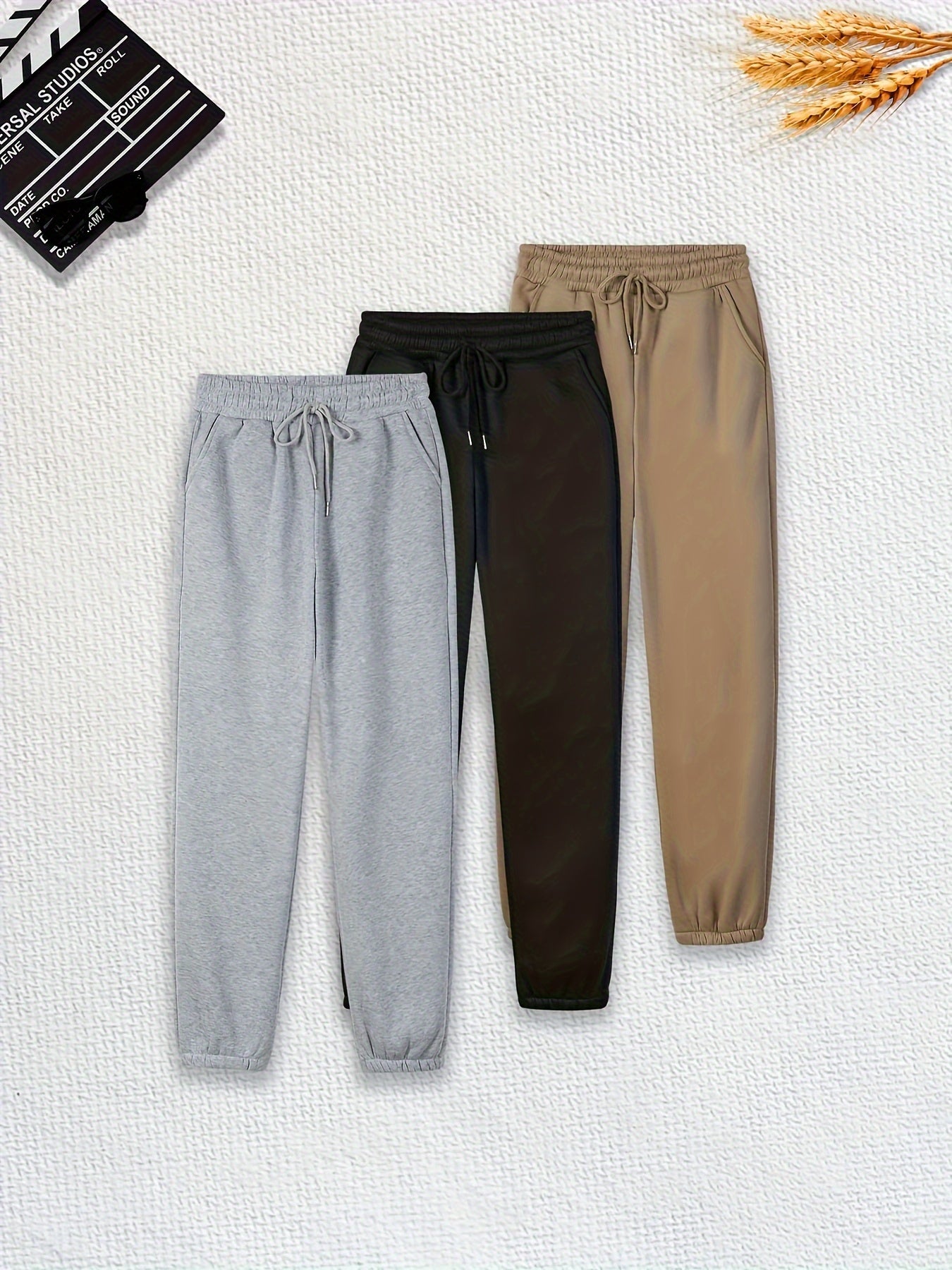 Three Pieces Of Solid Color Jogging Pants, Solid Color, Drawstring Waist, Casual Pants, Women's Trousers