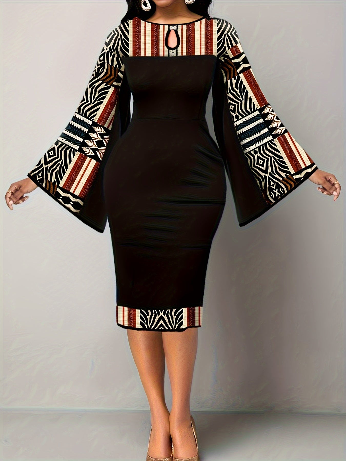 Ethnic Graphic Keyhole Dress, Boho Flared Long Sleeve Midi Dress, Women's Clothing