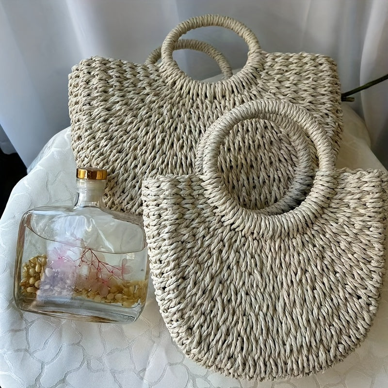 Khaki PVC Woven Straw Bag, Half-Round Hand Washable Summer Beach Handbag, Women's Casual Crossbody Vacation Essential