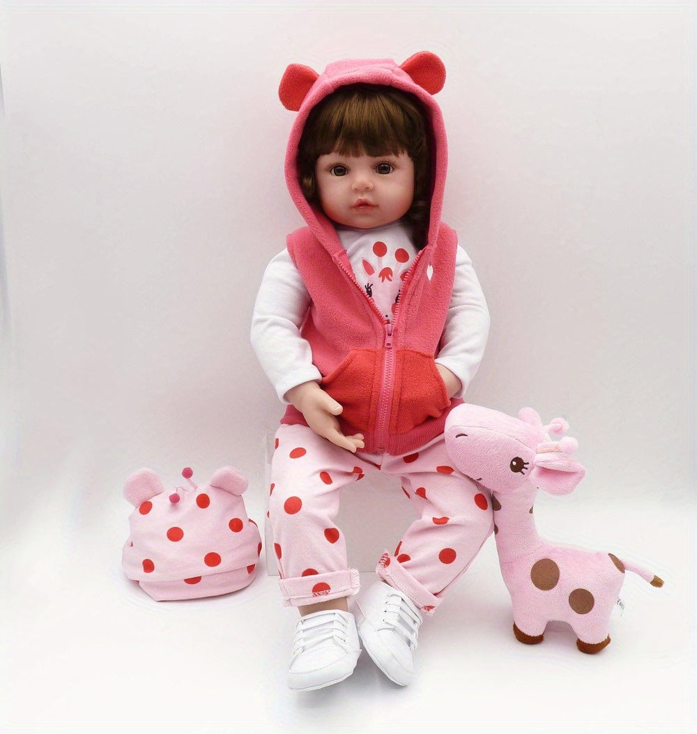 19 Inch/ 48 Cm Soft Vinyl Reborn Doll, Lovely Baby Girl With Hairwig In Pink Clothes And A Plush Giraffe Toy, Halloween/Thanksgiving Day/Christmas gift Carnival