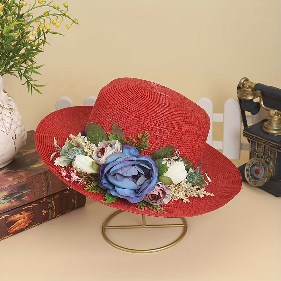 Handmade Flower Straw Hat Solid Color Elegant Beach Sunscreen Hat Small Top Hats Easter For Women