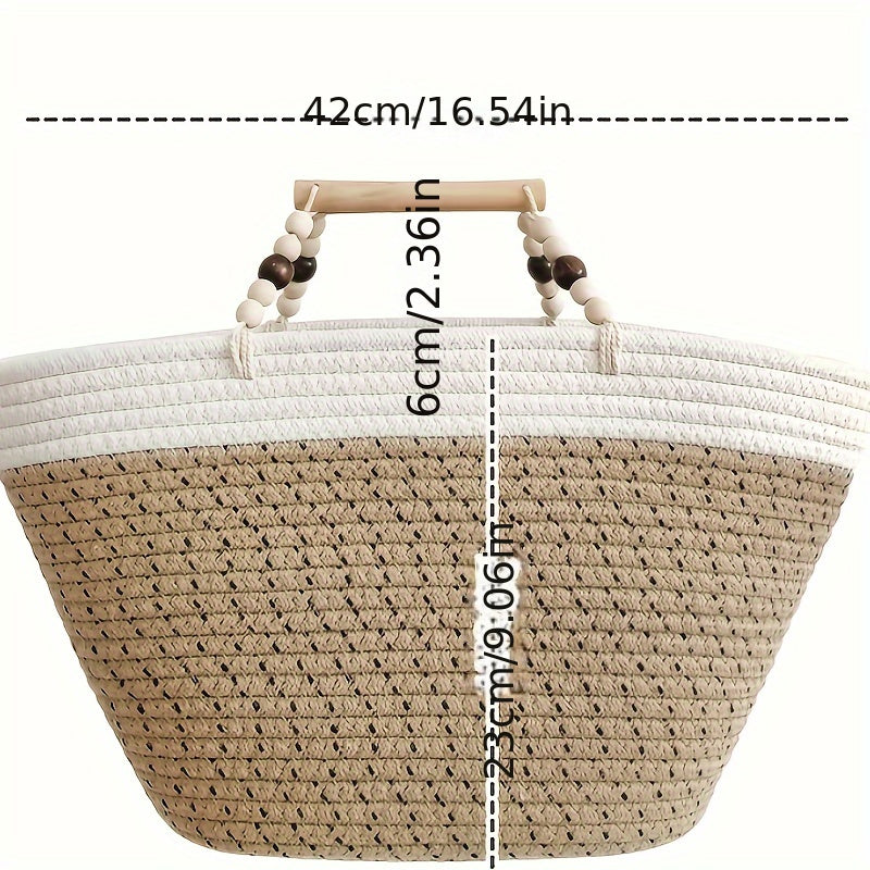 Boho Chic Striped Cotton Beach Tote - Summer Vacation Handbag with Fixed Strap, No-Lining