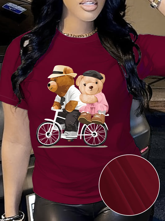 Teddy Bear Print T-shirt, Short Sleeve Crew Neck Casual Top For Summer & Spring, Women's Clothing