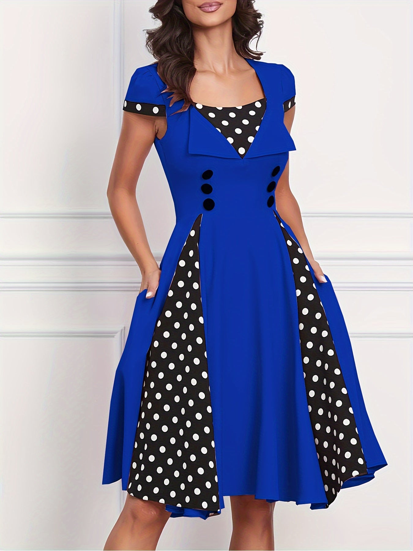 Polka-dot Print Color Block Aline Dress, Elegant Swing Button Decor Dress, Women's Clothing