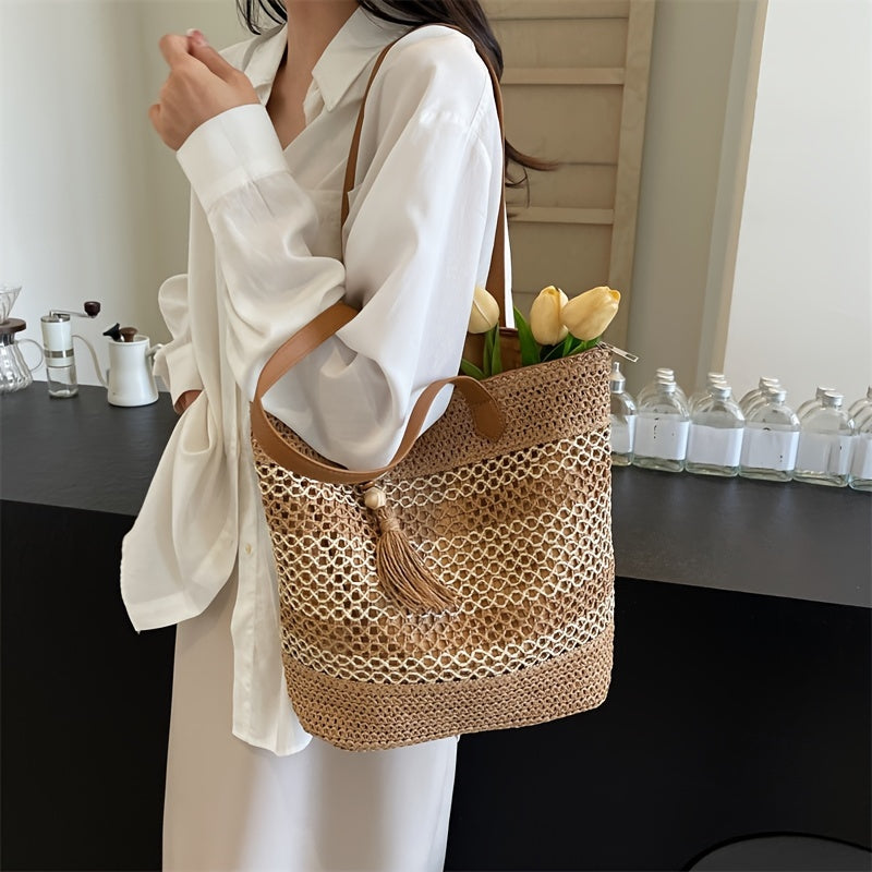 Casual Style Tote Bag With Tassel, Large Capacity Fabric Bag, Beach And Travel Bag For Women