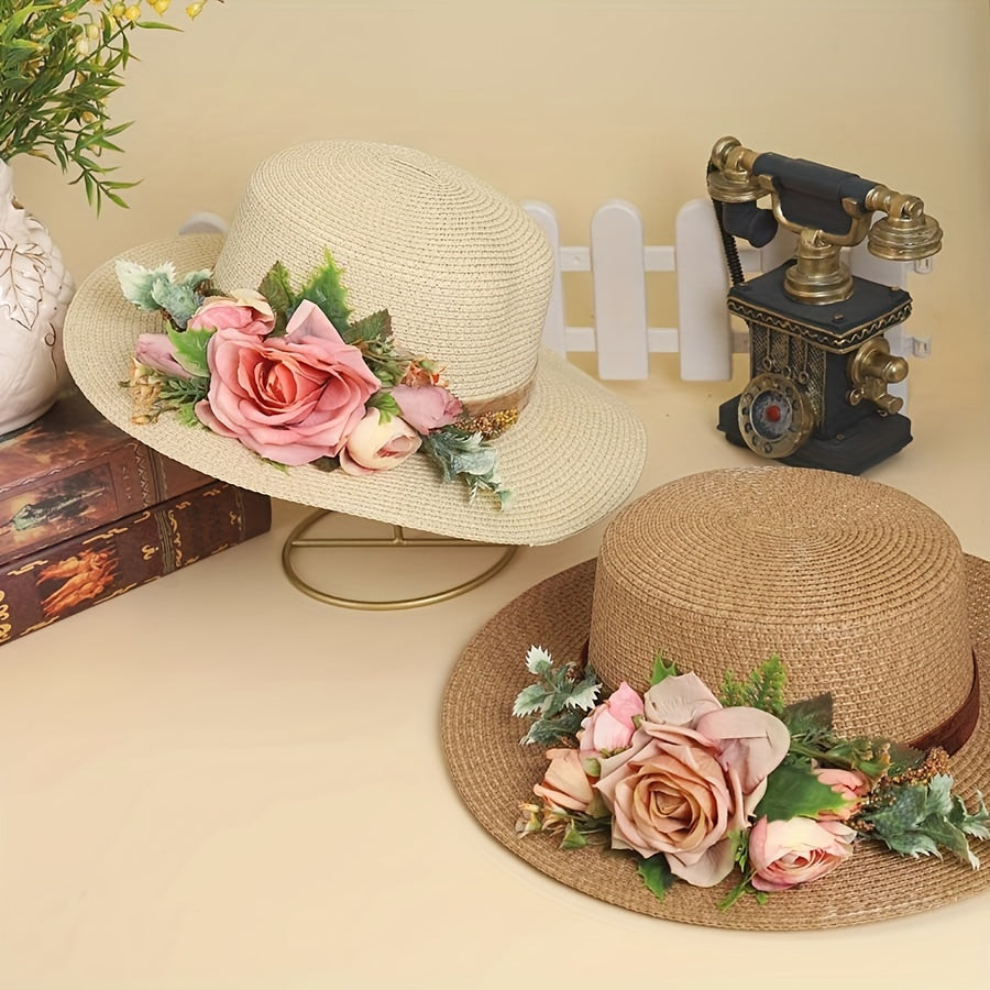 Handmade Flower Straw Hat Solid Color Elegant Beach Sunscreen Hat Small Top Hats Easter For Women