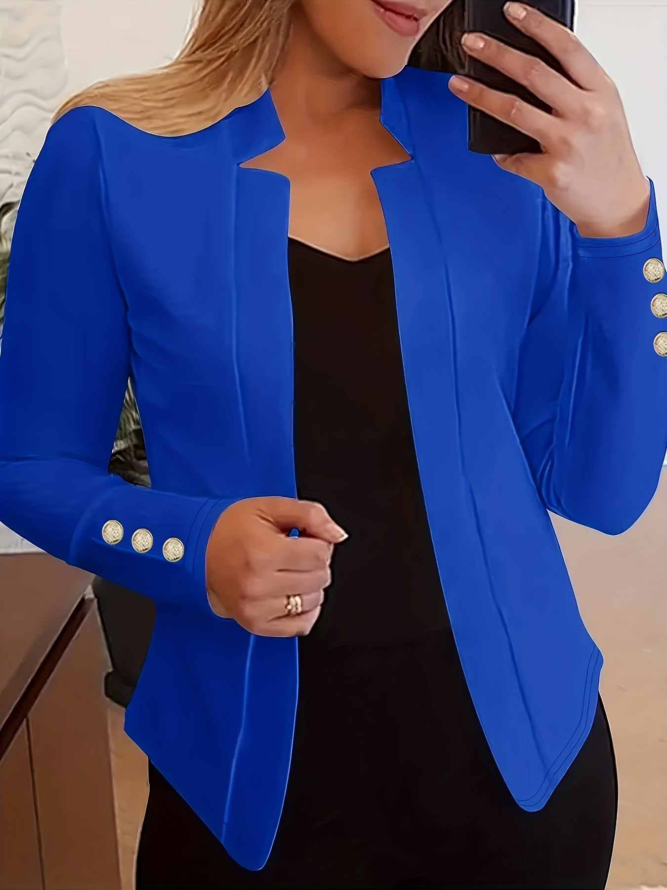 Long Sleeve Solid Color Casual Blazer - Button Front, Micro Elasticity, Polyester Fabric, Loose Fit, Regular Length - Perfect for Office & Work, Womens Clothing