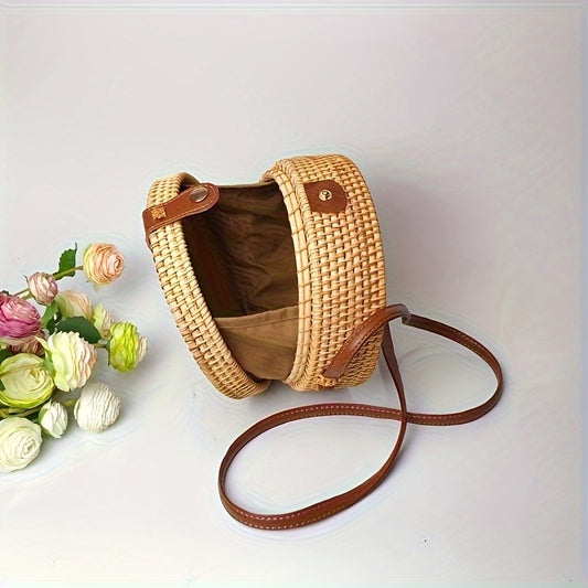 Small Round Straw Bag, Women's Simple Casual Crossbody Bag Versatile Straw Shoulder Bag