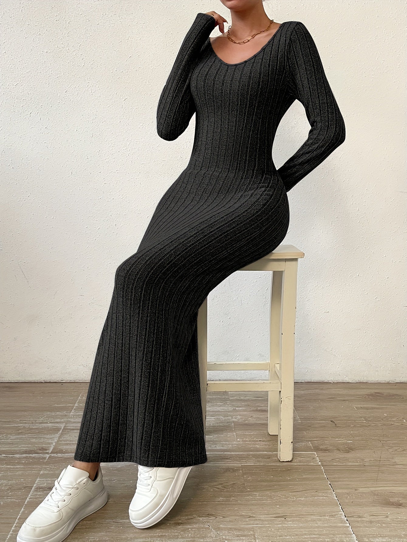 Ribbed Solid Dress, Casual Crew Neck Long Sleeve Maxi Dress, Women's Clothing