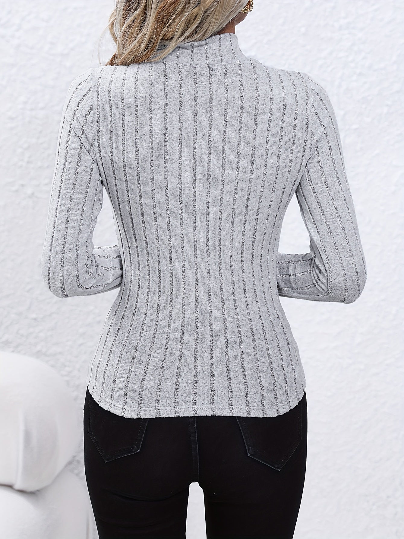 Solid Ribbed Mock Neck Pullover Sweater, Elegant Long Sleeve Sweater For Fall & Winter, Women's Clothing