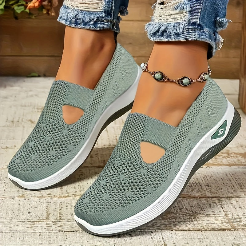 Womens Lightweight Knit Cut-out Sneakers - Ultra-Casual, Exceptionally Breathable Sports sole, Easy Slip-On Shoes with Super Lightweight Construction and Flat Heel for Comfort - Perfect for Outdoor Walking and Casual Strolls