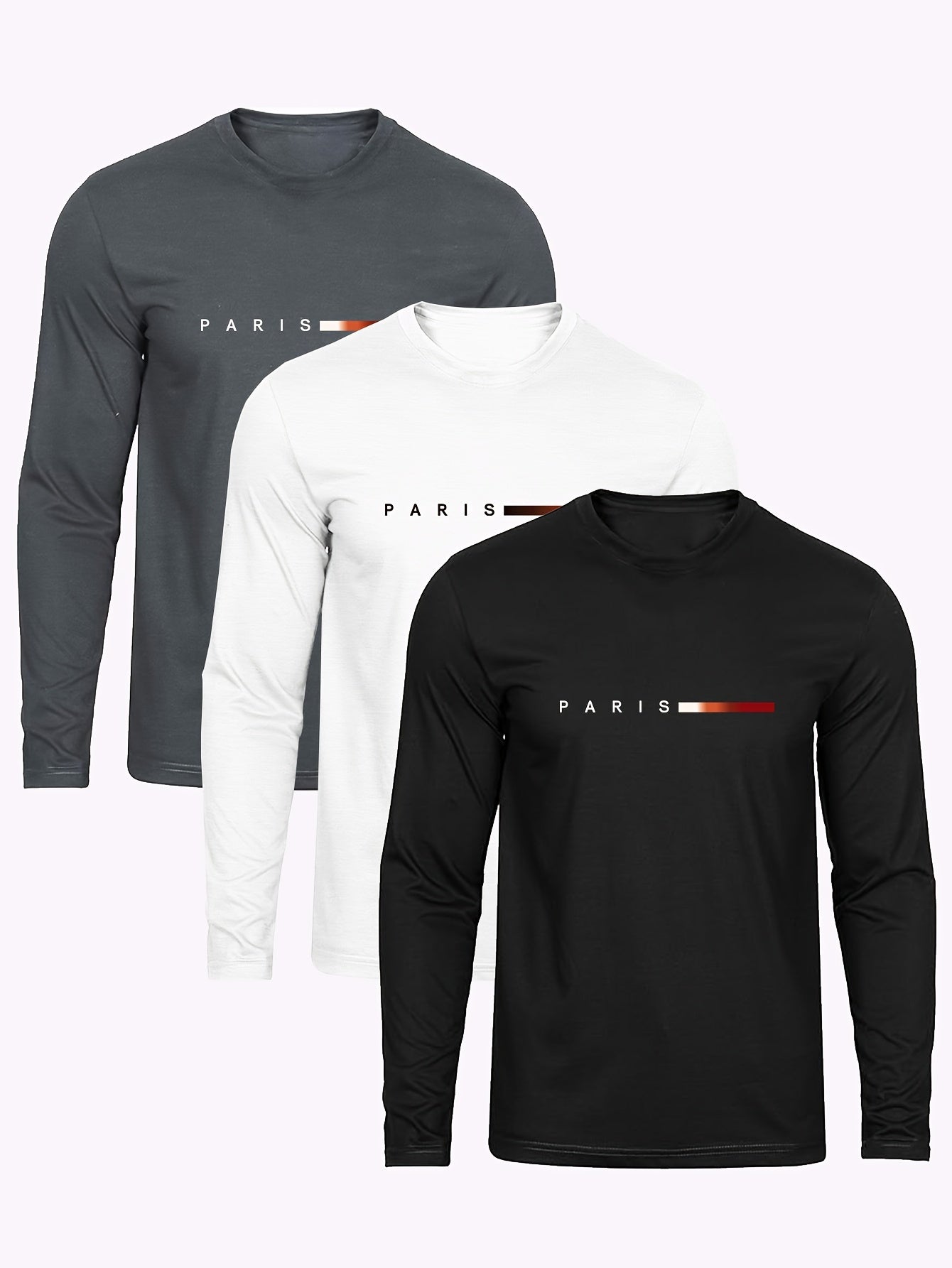 3pcs Men's Cotton T-Shirts - Casual & Stylish Long Sleeve Tees with Letter Print, Perfect for Spring/Fall Outings