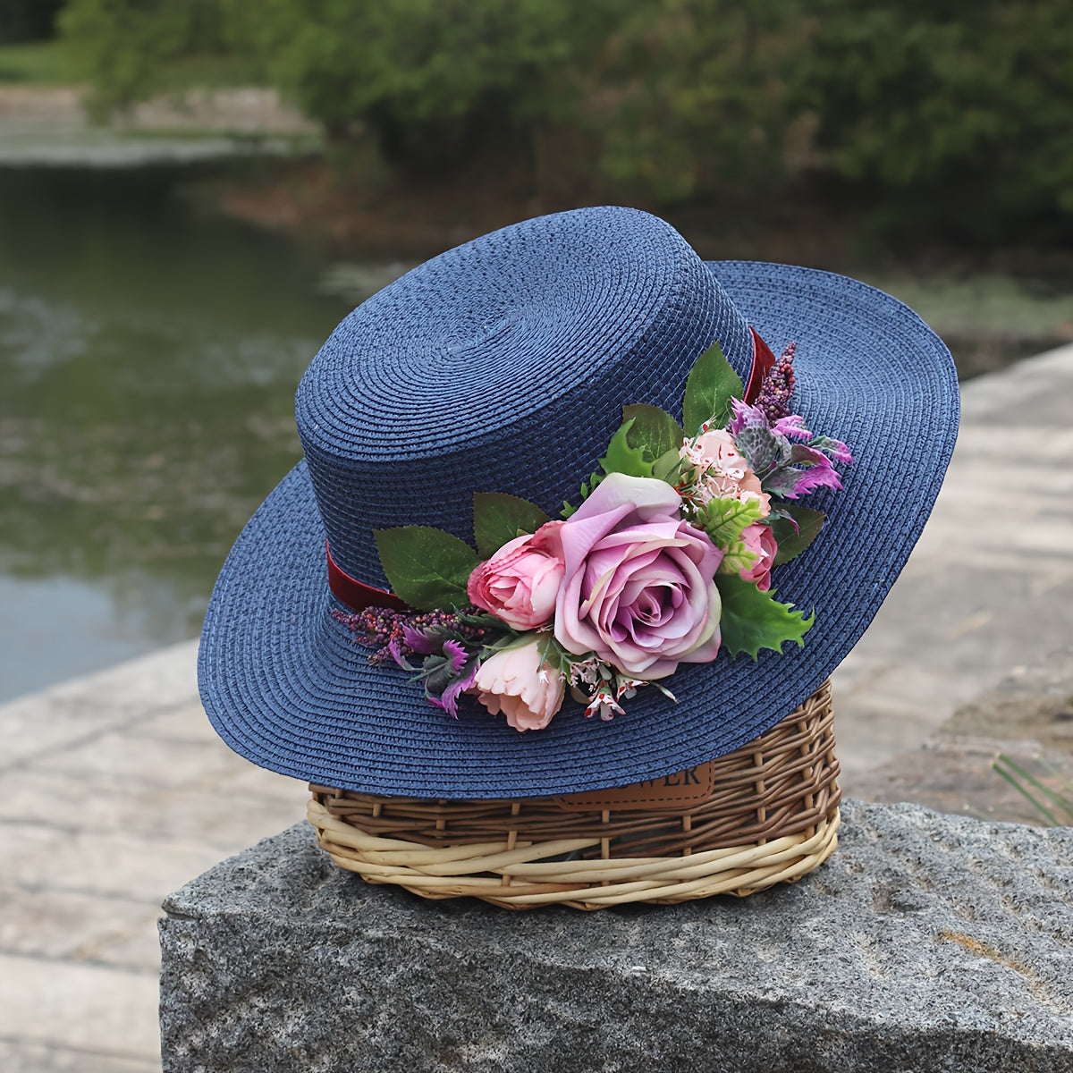 Handmade Flower Straw Hat Solid Color Elegant Beach Sunscreen Hat Small Top Hats Easter For Women