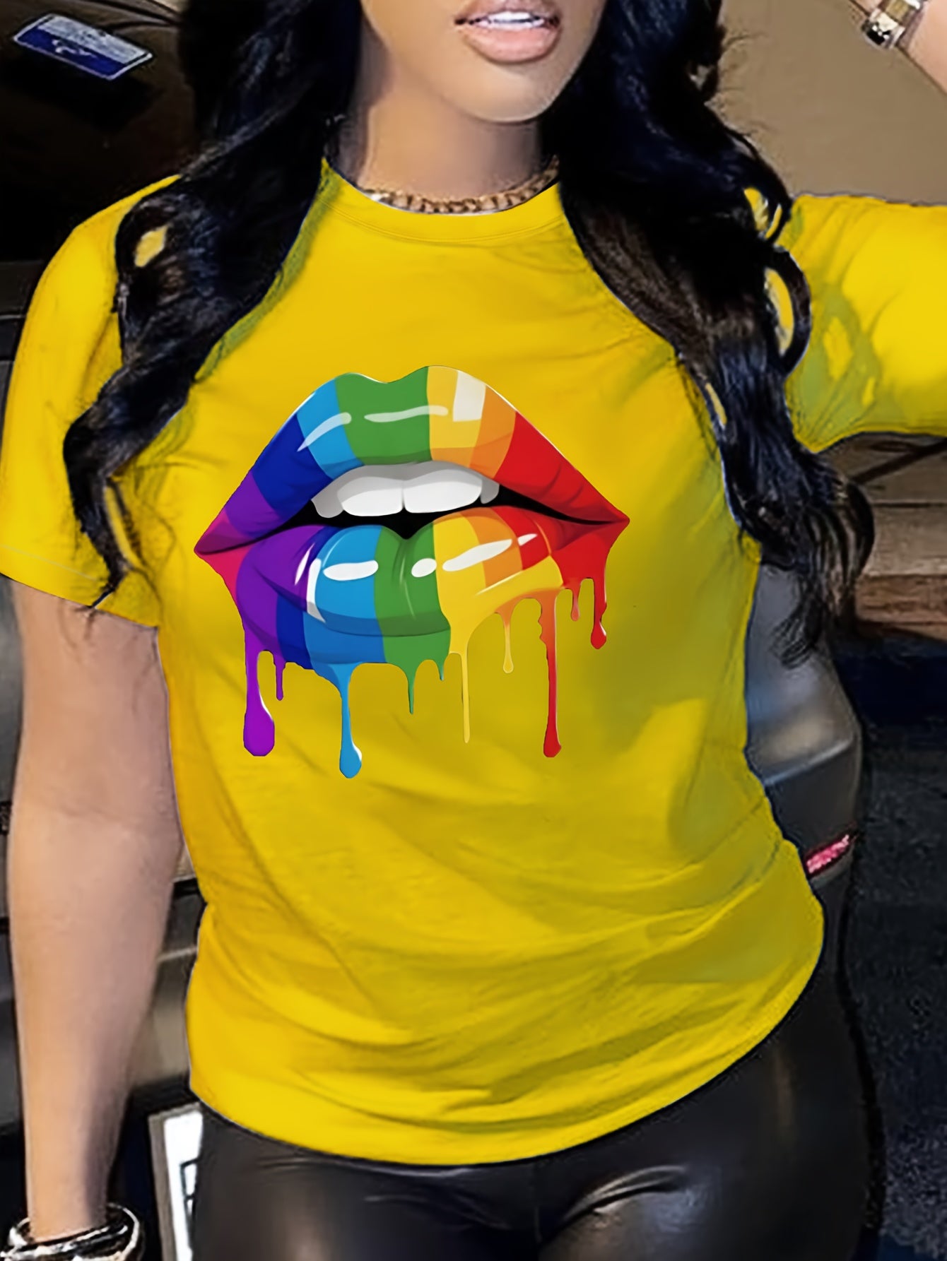 Colorful Lip Print T-shirt, Short Sleeve Crew Neck Casual Top For Summer & Spring, Women's Clothing