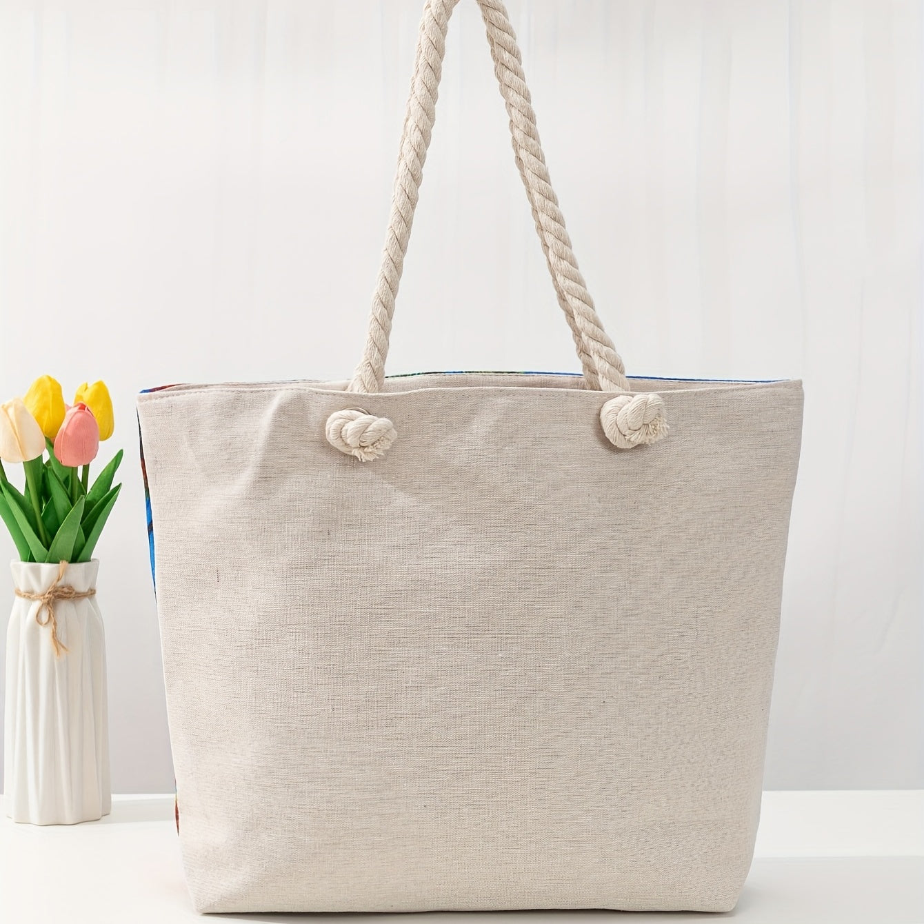 Ethnic Style Large Capacity Canvas Tote Bag with Flower & Elephant Print - Perfect for Everyday Use!