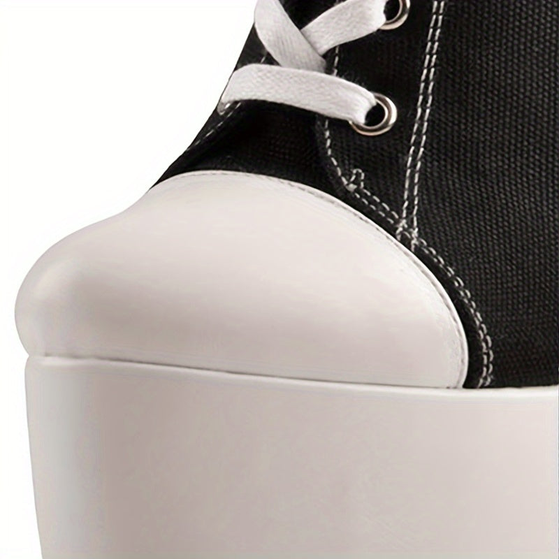 Women's Platform Canvas High Heels, Round Toe Lace Up Sneaker Boots, Casual Stiletto Heels