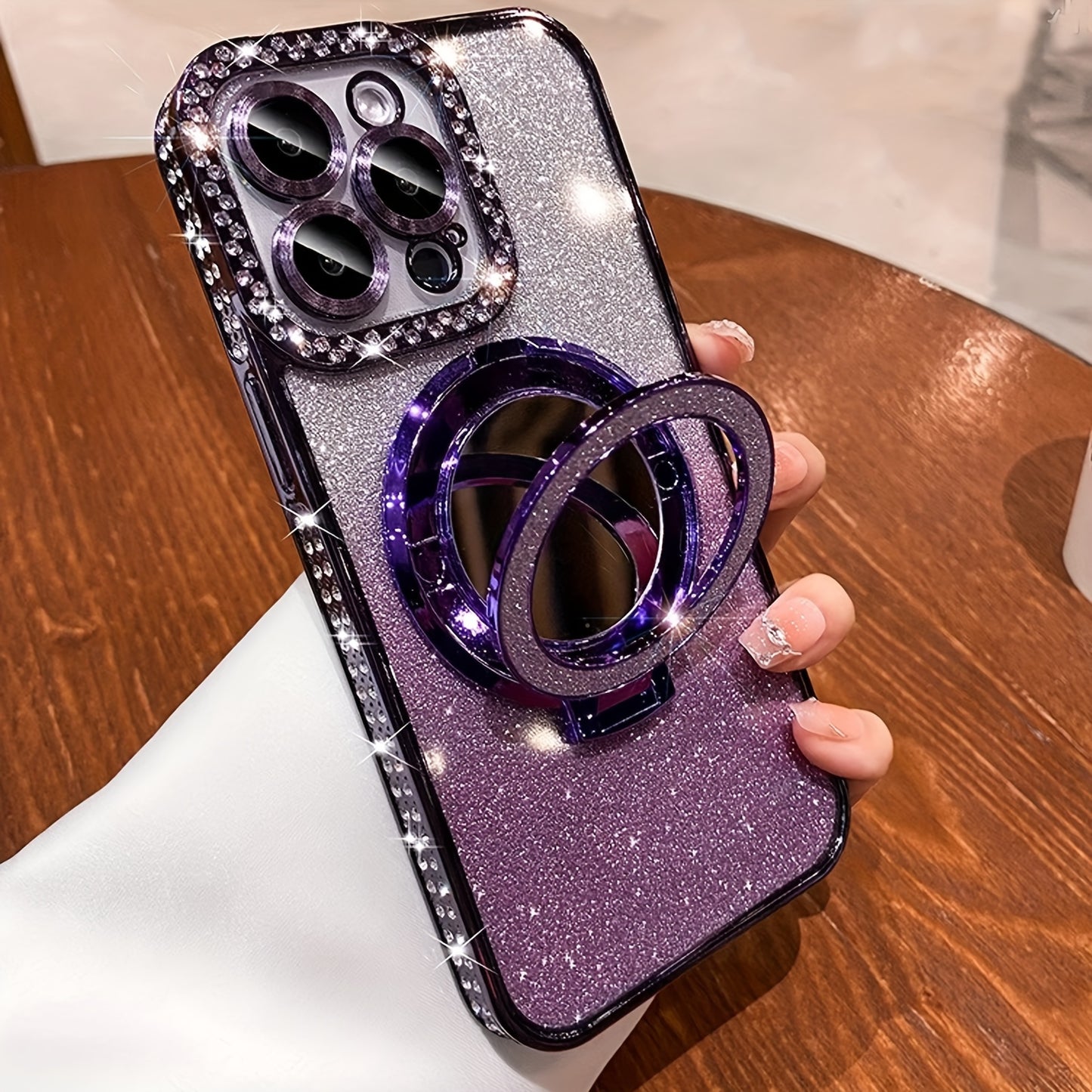 New Luxury High-Grade Glitter Double Row Diamond Mirror Magnetic Bracket All-Inclusive Lens Mobile Phone Case Suitable for Apple for Iphone 16 15 14 13 12 11 Pro Max / Niche Transparent Anti-Fall Soft Glue Protective Back Cov