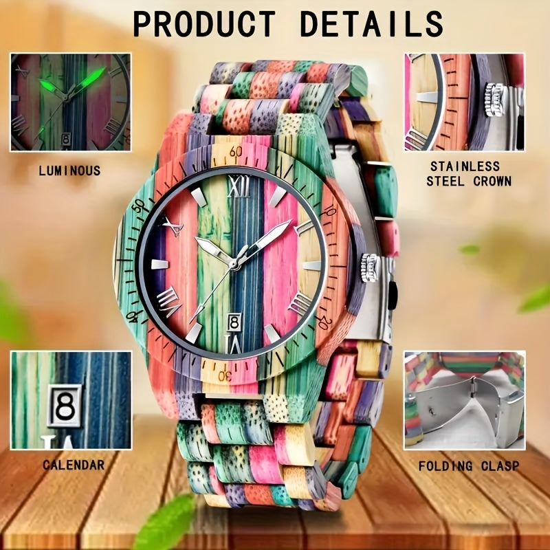 Handcrafted Multi-Colored Bamboo Wrist Watch for Men | Round Quartz Movement | Non-Waterproof with Date Feature | Unique Personalized Gift for Father or Son | Party Style with Luminous Hands and Folding Clasp