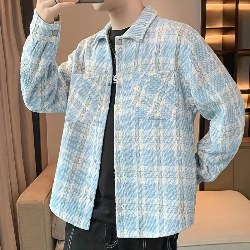 Men's Vintage Plaid Loose Shirt With Chest Pockets, Casual Lapel Button Up Long Sleeve Loose Shirt For Spring Fall K-pop