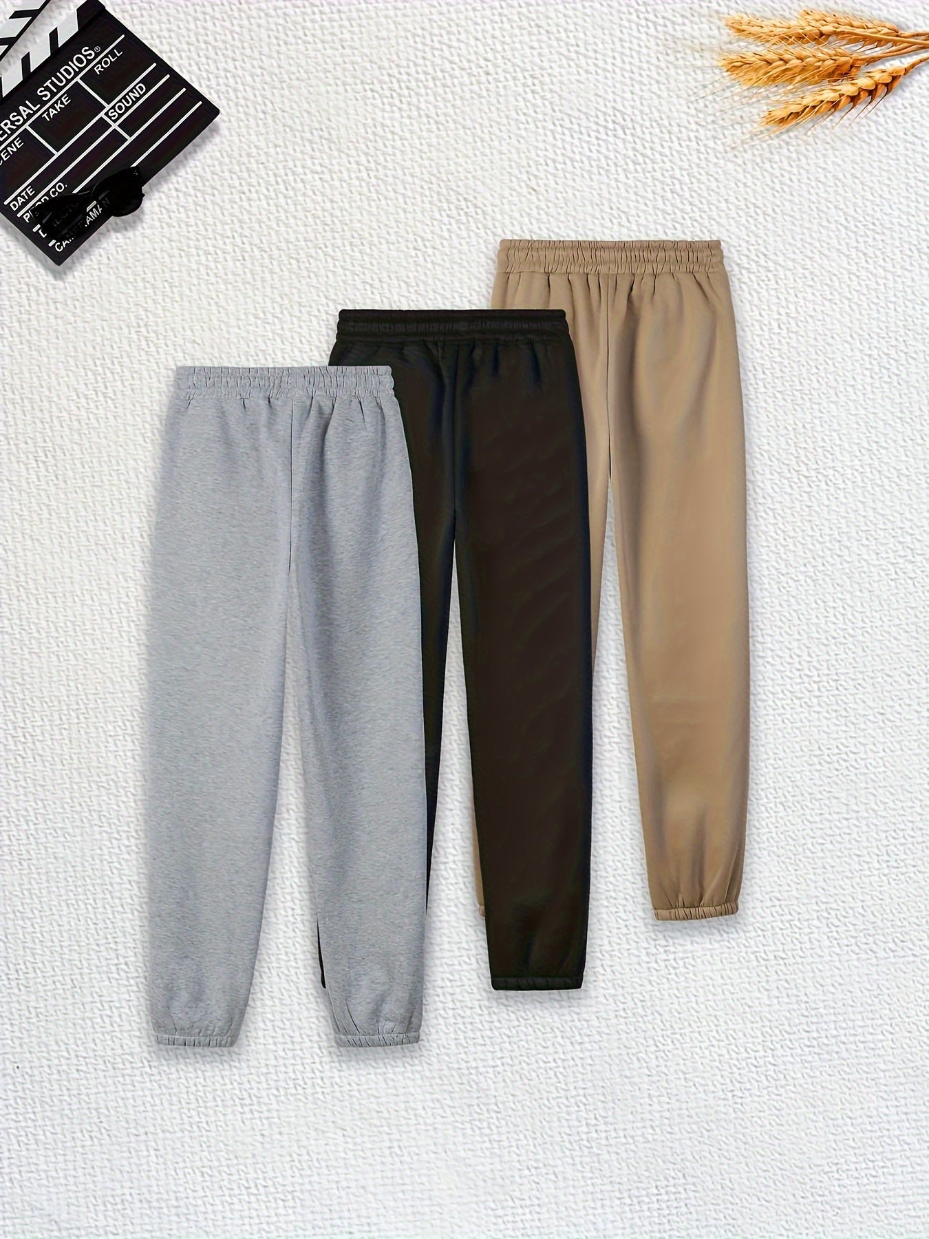 Three Pieces Of Solid Color Jogging Pants, Solid Color, Drawstring Waist, Casual Pants, Women's Trousers