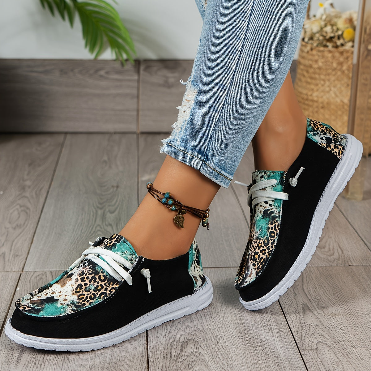 Color Blocking Leopard & Floral Pattern Flat Shoes, Women's Fashion Slip On Casual Shoes, Lightweight Soft And Comfortable Walking Shoes, Breathable Sport Running Shoes