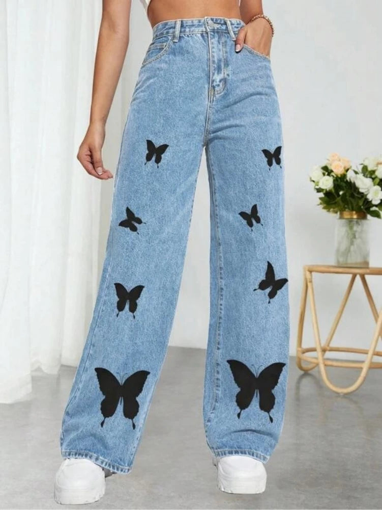 2023 Fall Trousers High Waist Butterfly Print Y2K Jeans For Women Fashion Loose Denim Straight Leg Pants Casual Clothing XS-L