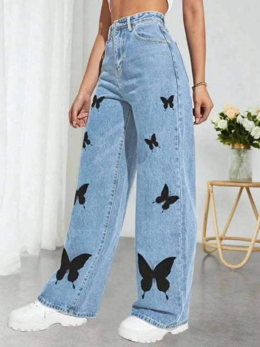 2023 Fall Trousers High Waist Butterfly Print Y2K Jeans For Women Fashion Loose Denim Straight Leg Pants Casual Clothing XS-L