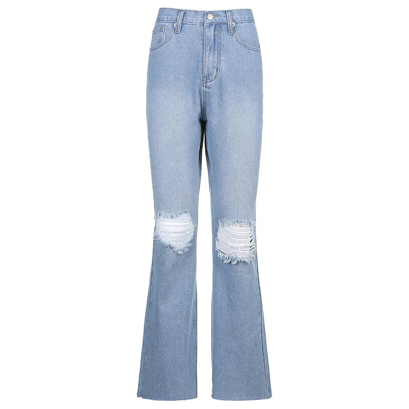 Women Vintage Ripped Flare Bell Bottom Jeans High Waisted Wide Leg Raw Hem Denim Pants Casual Slim Fitting Trousers with Pocket