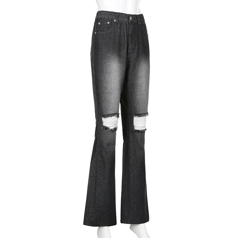 Women Vintage Ripped Flare Bell Bottom Jeans High Waisted Wide Leg Raw Hem Denim Pants Casual Slim Fitting Trousers with Pocket