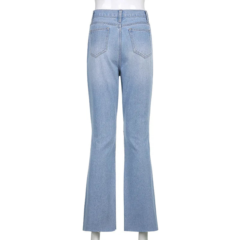 Women Vintage Ripped Flare Bell Bottom Jeans High Waisted Wide Leg Raw Hem Denim Pants Casual Slim Fitting Trousers with Pocket