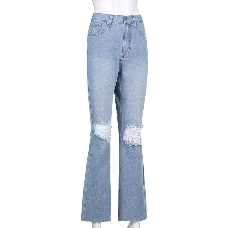 Women Vintage Ripped Flare Bell Bottom Jeans High Waisted Wide Leg Raw Hem Denim Pants Casual Slim Fitting Trousers with Pocket